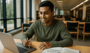South Asian student studying in a university library with laptop and notebook showing Harvard Referencing