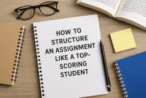Student desk with notebooks, laptop, and study materials showing “How to Structure an Assignment Like a Top-Scoring Student.”